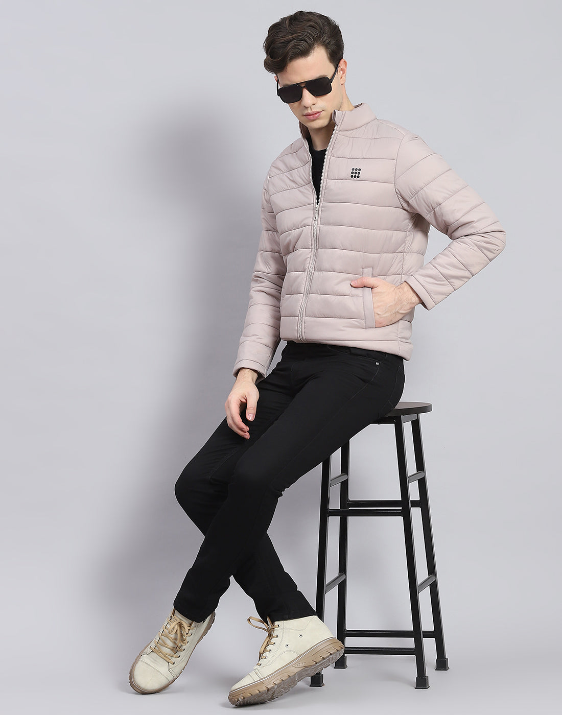 Men Grey Solid Stand Collar Full Sleeve Jacket