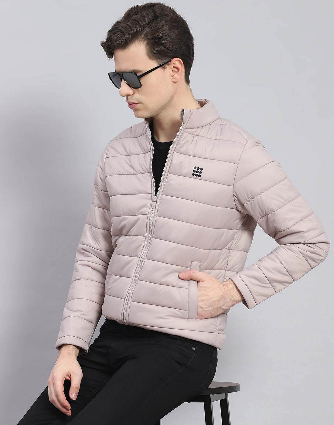 Men Grey Solid Stand Collar Full Sleeve Jacket