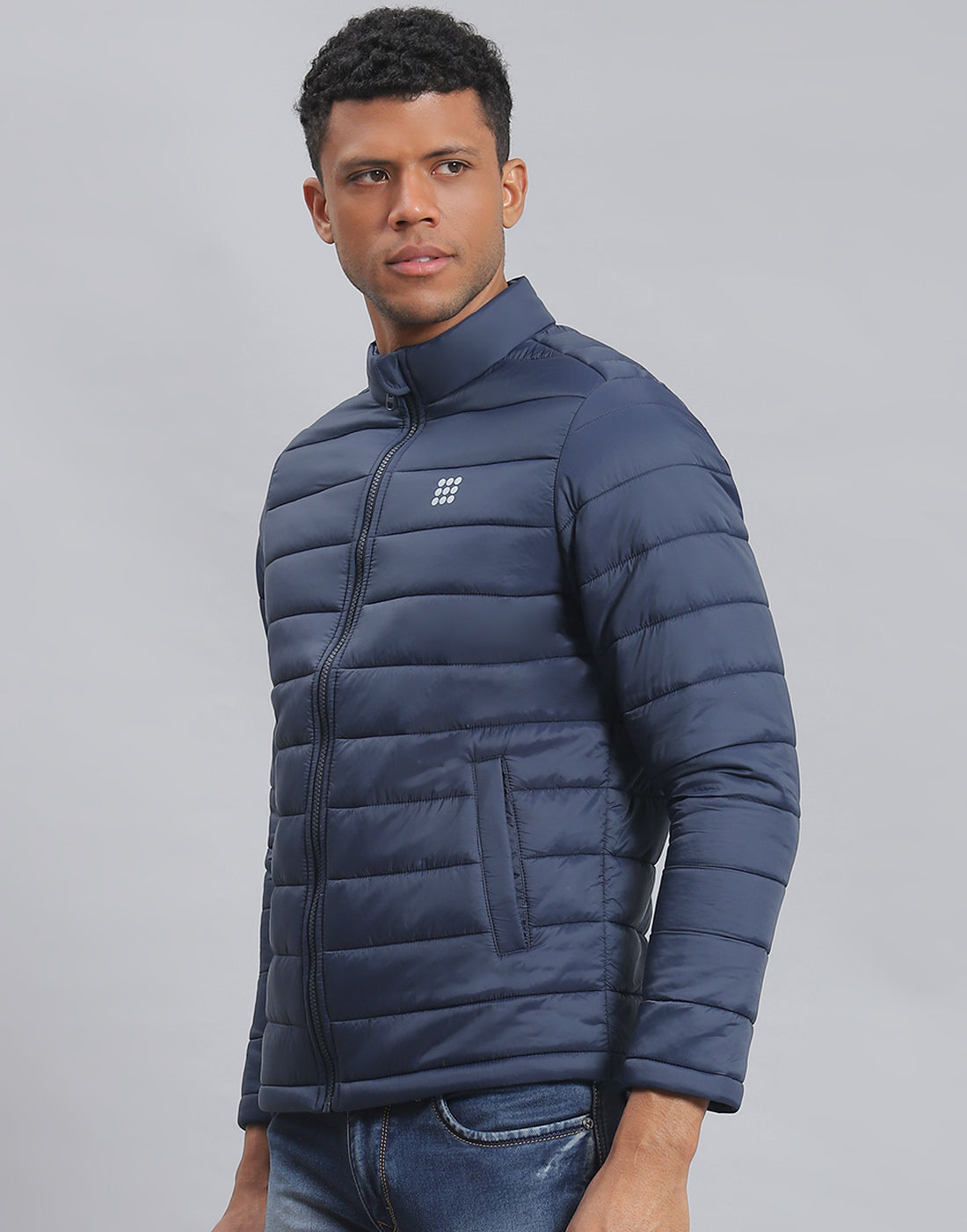 Men Navy Blue Solid Stand Collar Full Sleeve Jacket