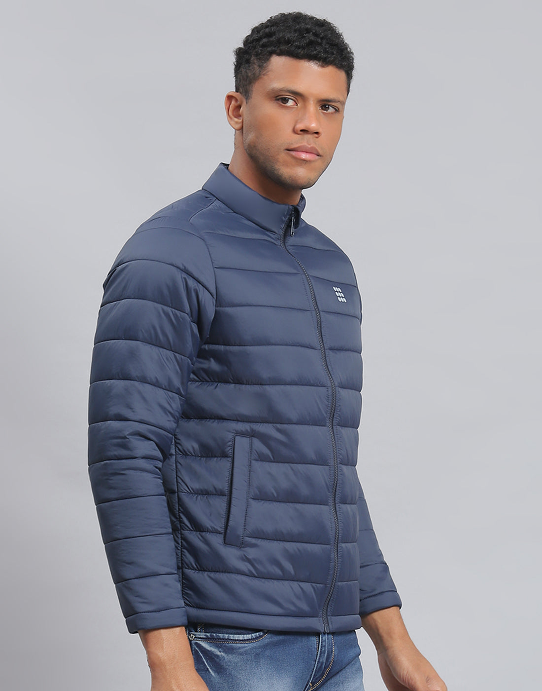 Men Navy Blue Solid Stand Collar Full Sleeve Jacket