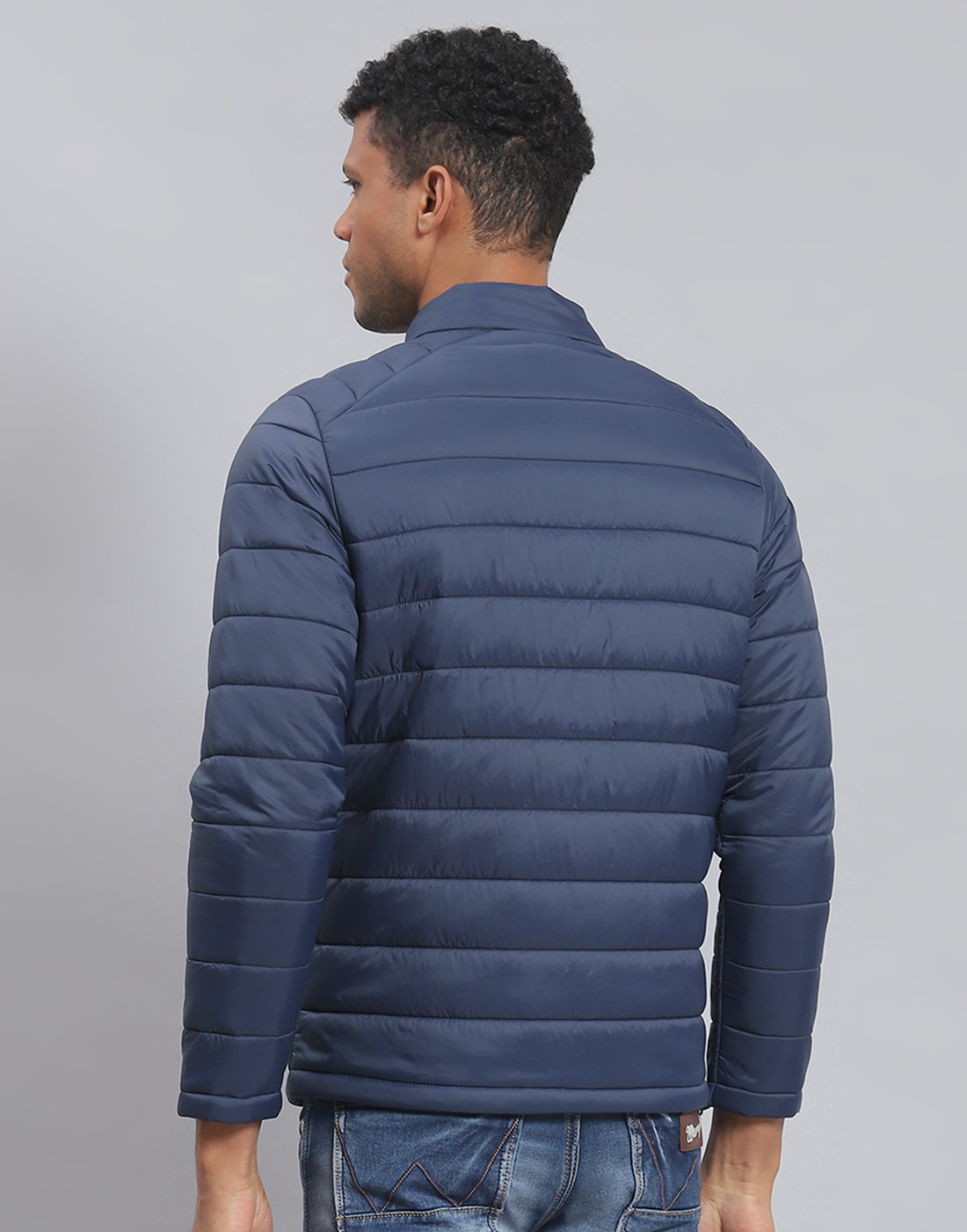 Men Navy Blue Solid Stand Collar Full Sleeve Jacket