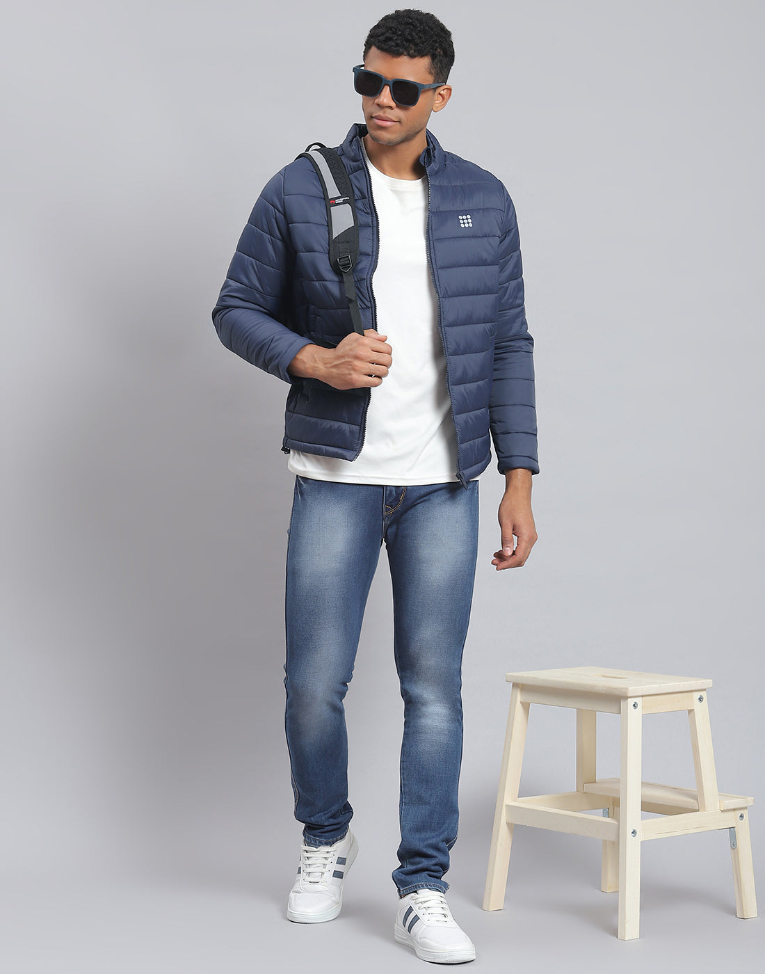Men Navy Blue Solid Stand Collar Full Sleeve Jacket