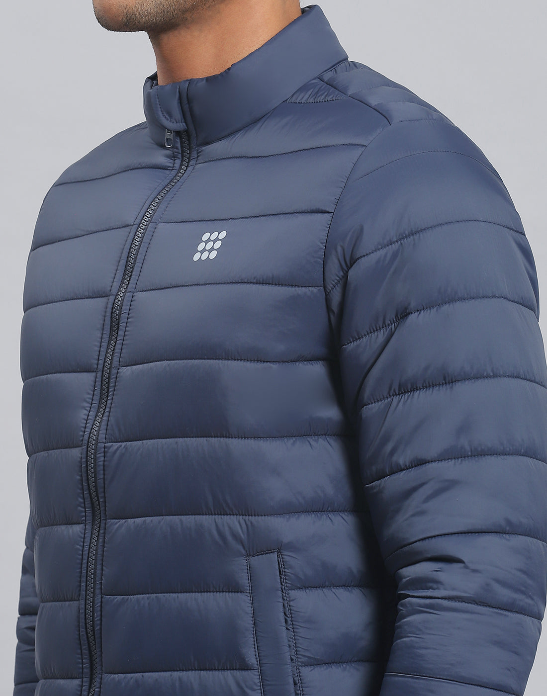 Men Navy Blue Solid Stand Collar Full Sleeve Jacket