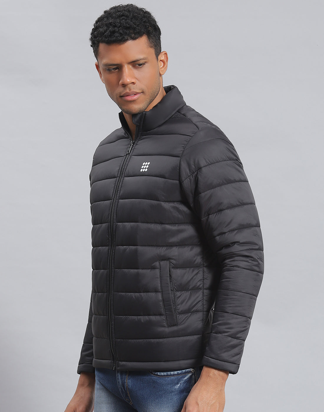 Men Black Solid Stand Collar Full Sleeve Jacket