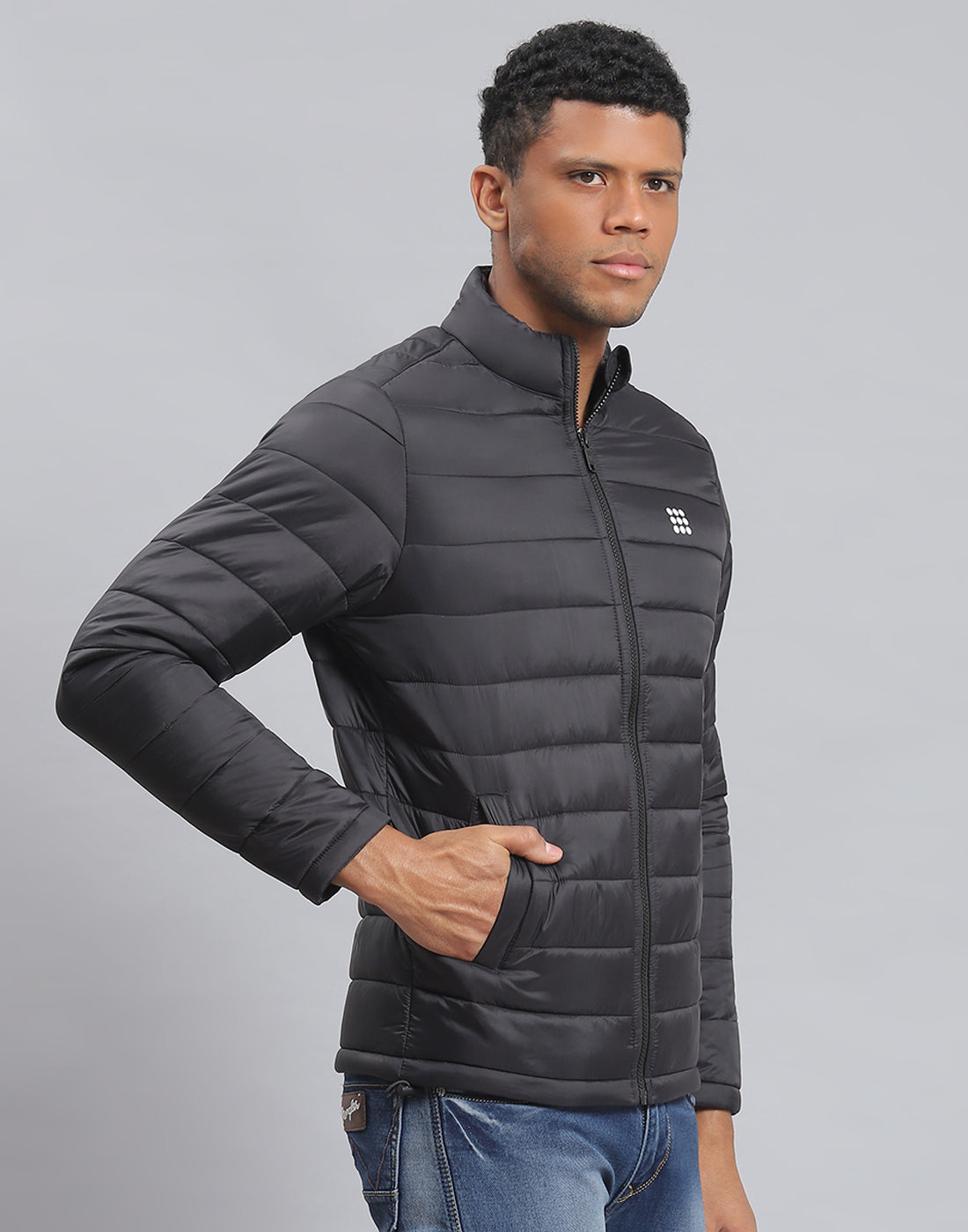 Men Black Solid Stand Collar Full Sleeve Jacket