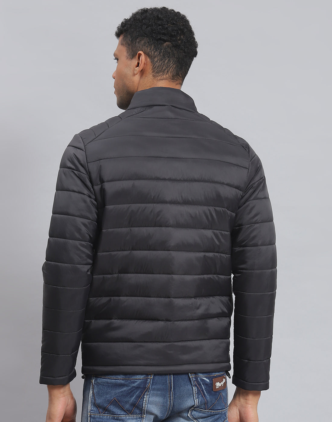 Men Black Solid Stand Collar Full Sleeve Jacket