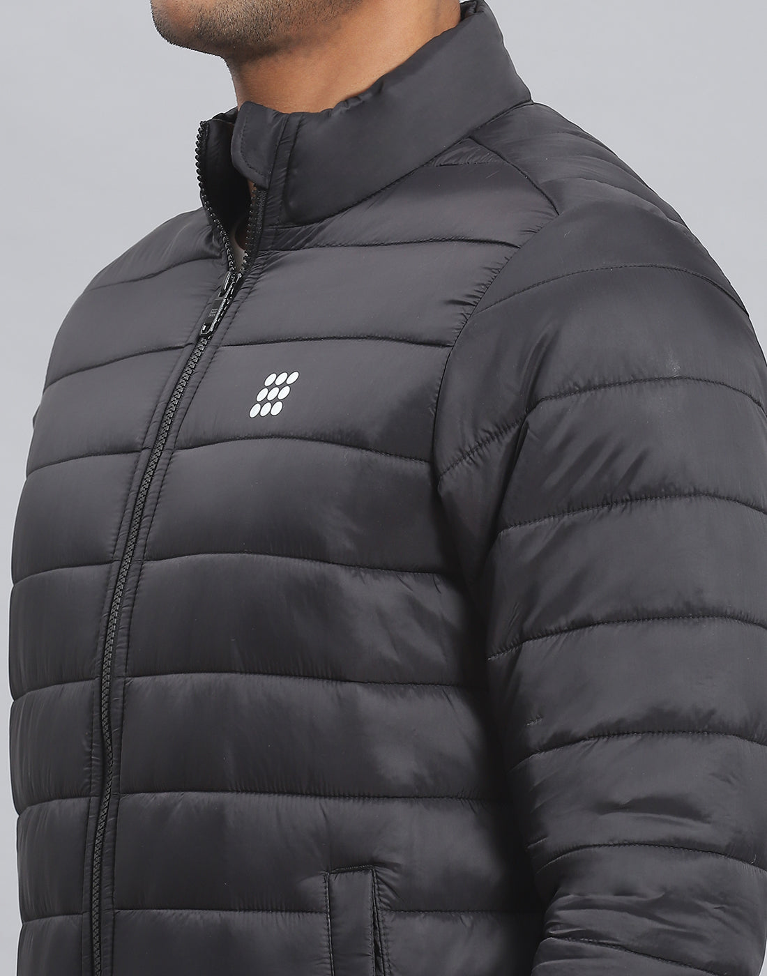 Men Black Solid Stand Collar Full Sleeve Jacket