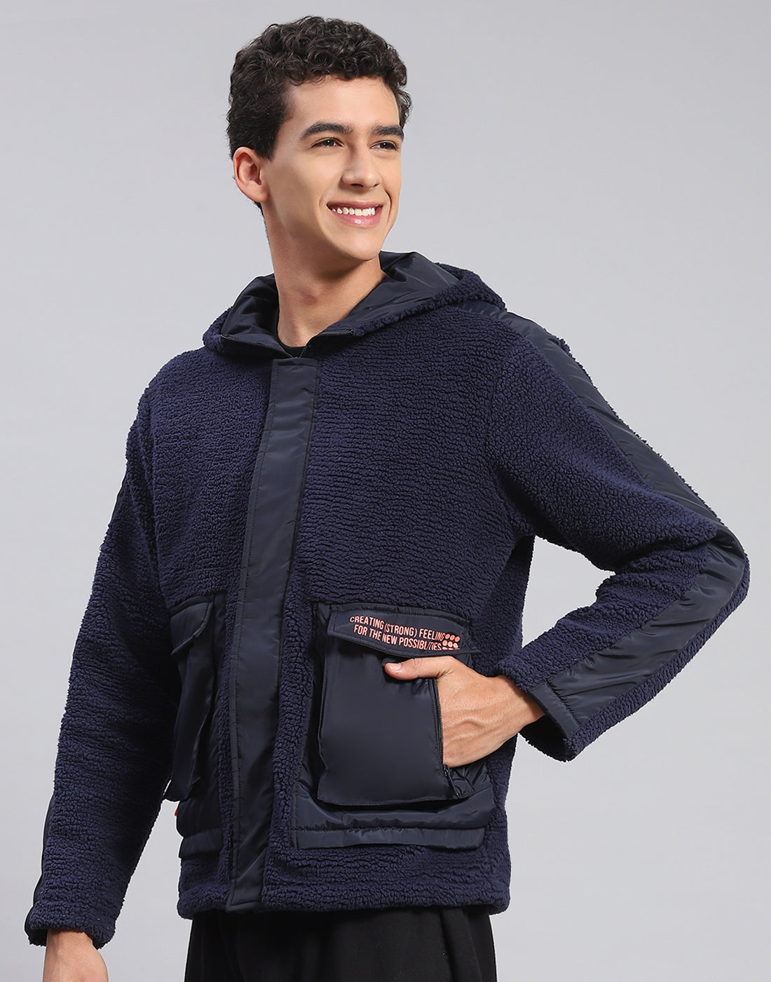 Men Navy Blue Solid Hooded Full Sleeve Jacket