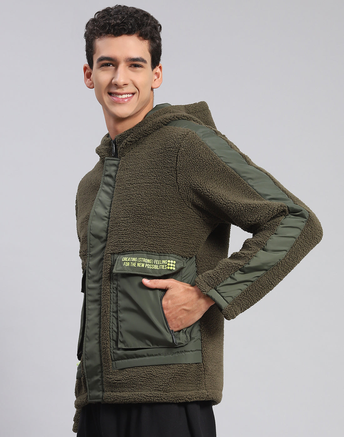 Men Olive Solid Hooded Full Sleeve Jacket