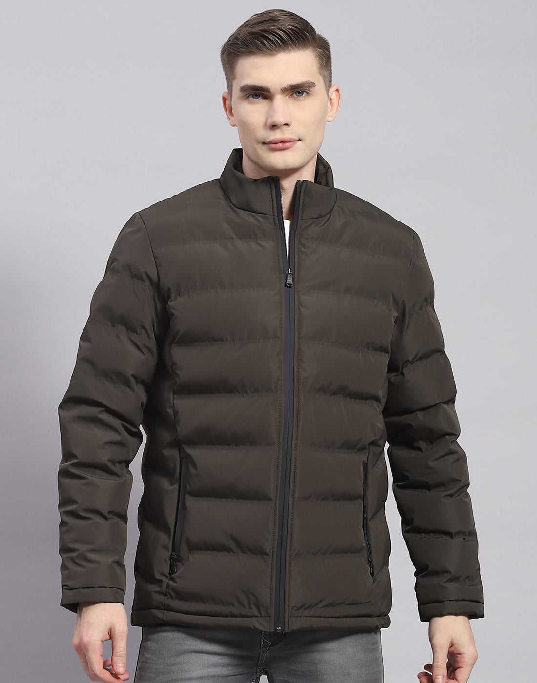 Men Olive Solid Stand Collar Full Sleeve Jacket