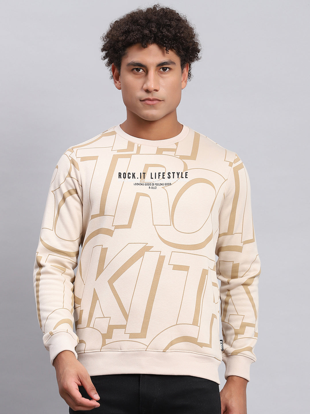 Men Beige Printed Round Neck Full Sleeve Sweatshirt