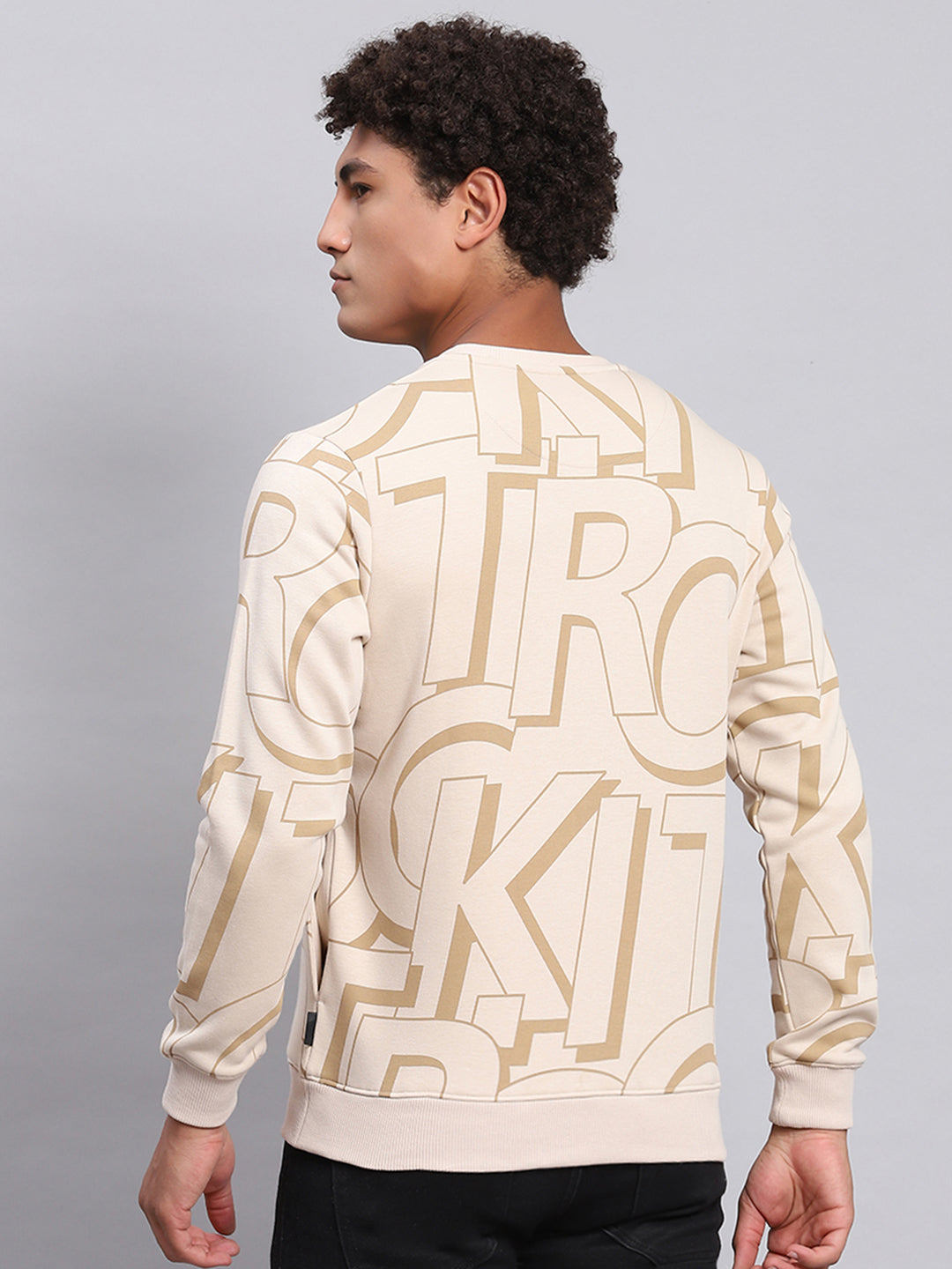Men Beige Printed Round Neck Full Sleeve Sweatshirt