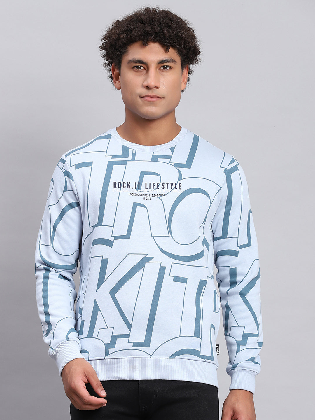 Men Blue Printed Round Neck Full Sleeve Sweatshirt