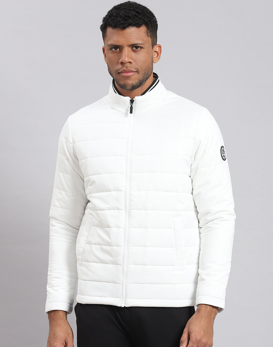 Men White Solid Stand Collar Full Sleeve Jacket
