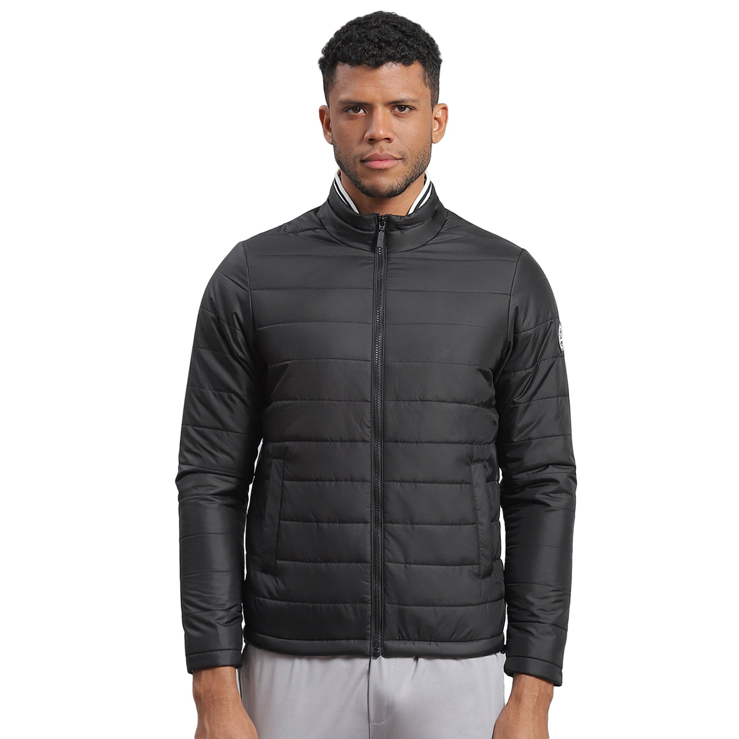 Men Black Solid Stand Collar Full Sleeve Jacket