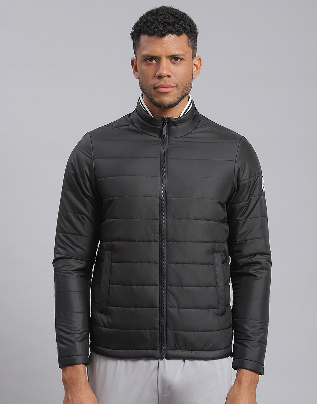 Men Black Solid Stand Collar Full Sleeve Jacket