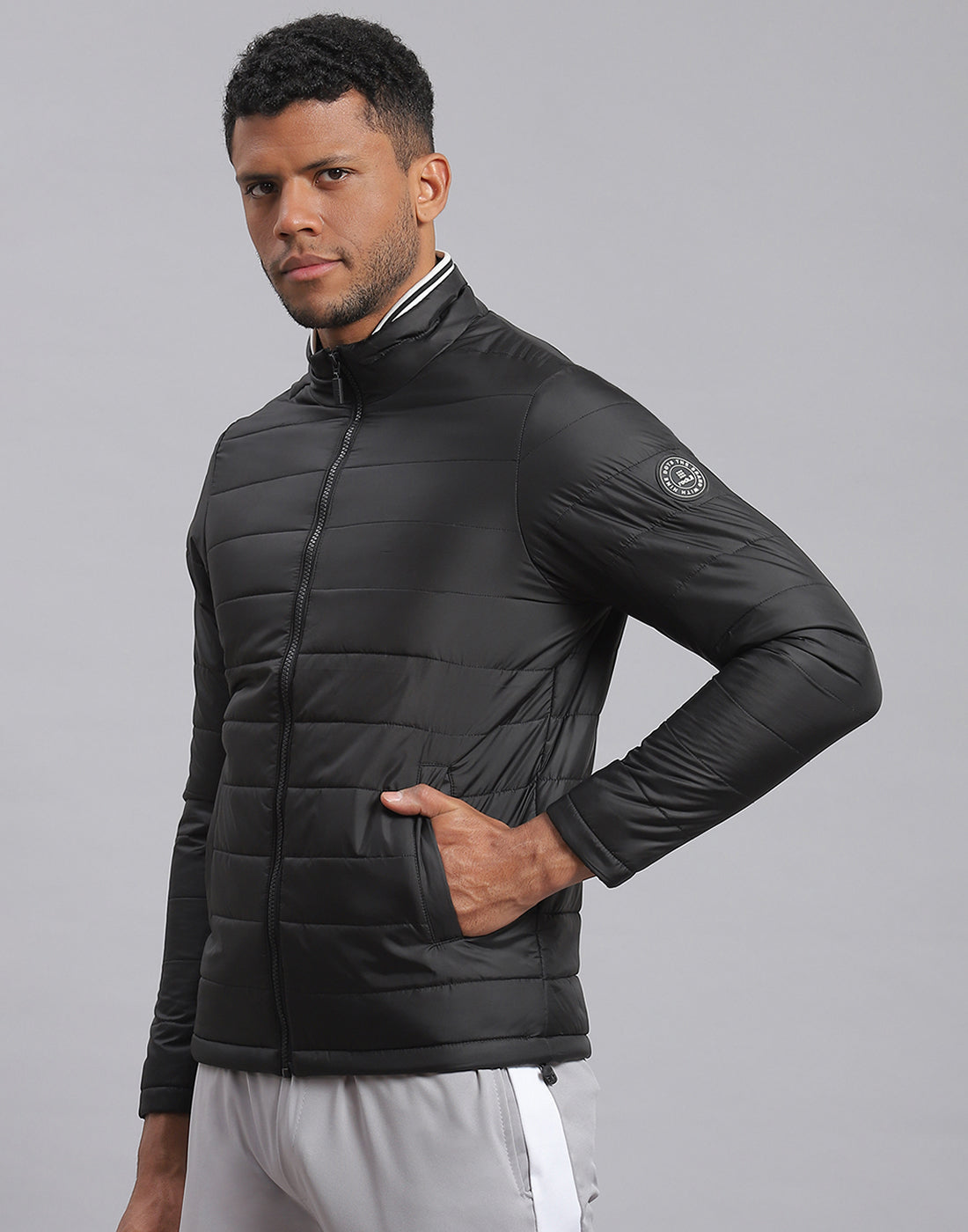Men Black Solid Stand Collar Full Sleeve Jacket