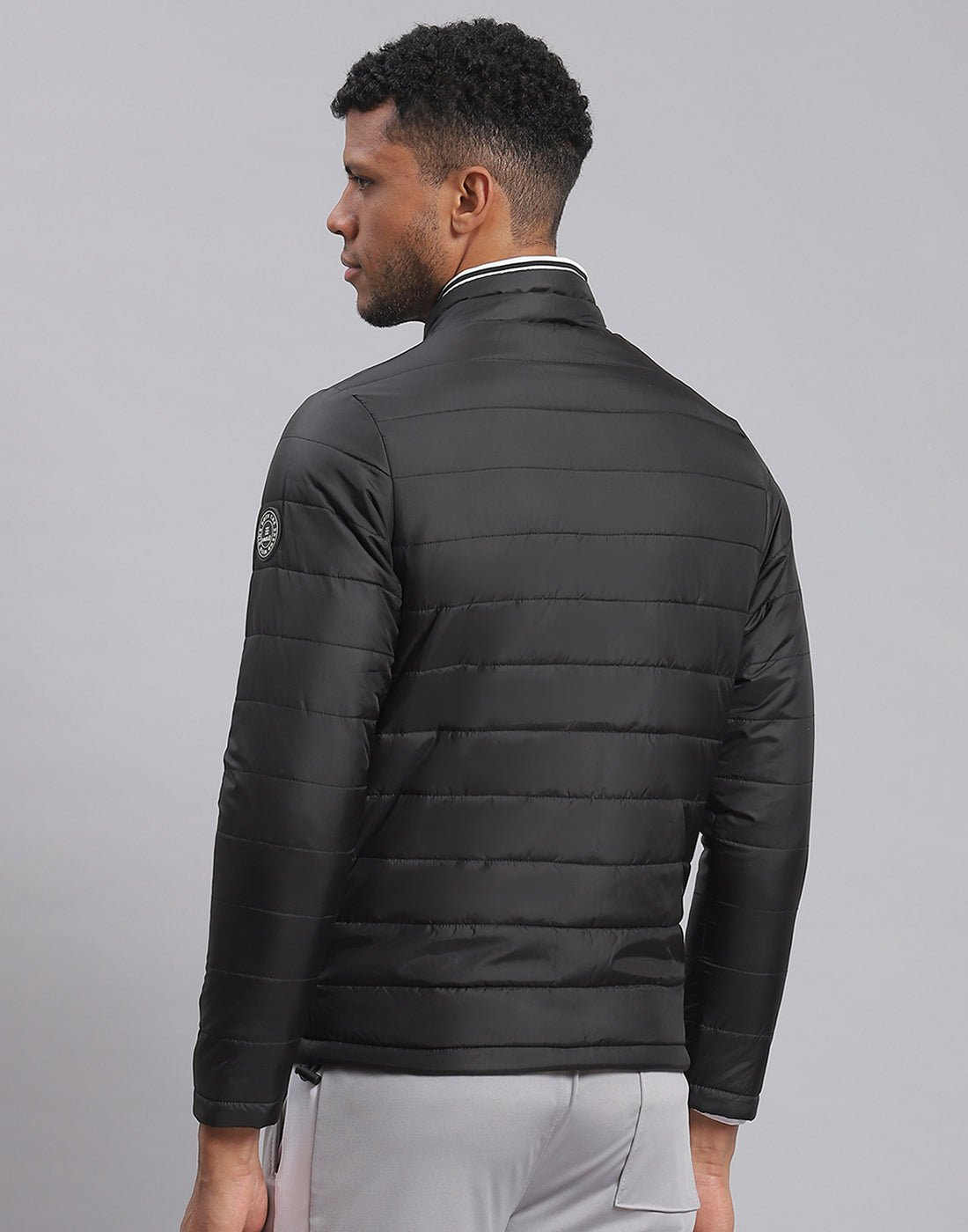 Men Black Solid Stand Collar Full Sleeve Jacket