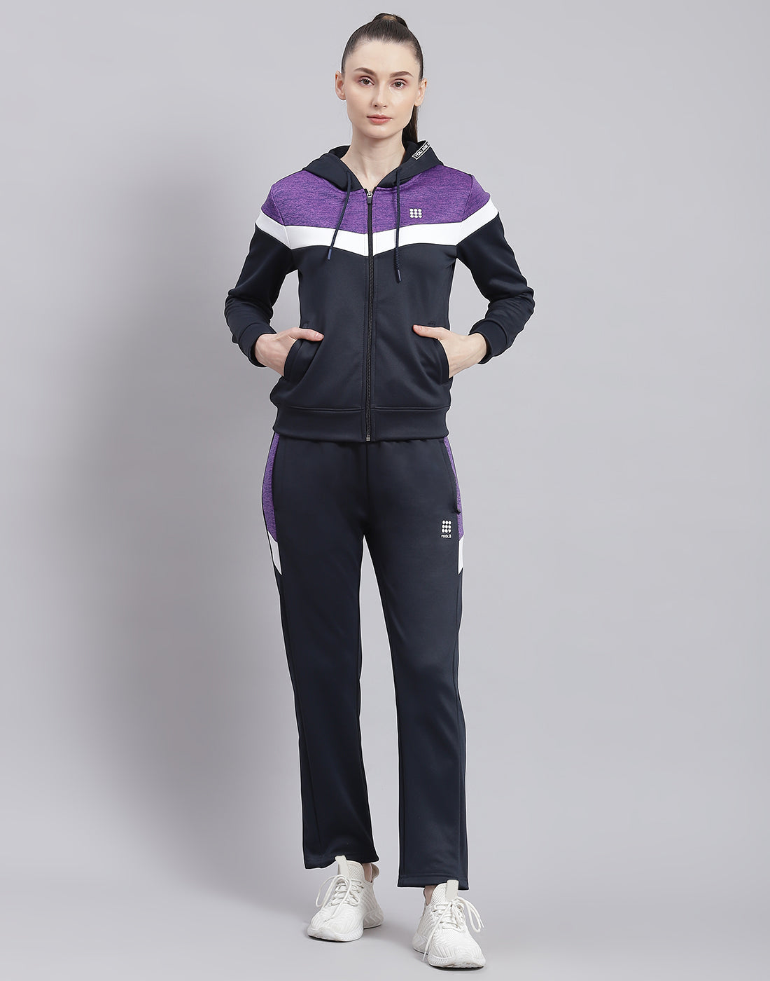Women Navy Blue Solid Hooded Full Sleeve Tracksuit