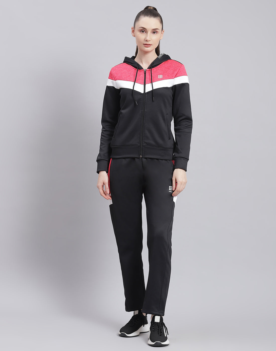 Women Black Solid Hooded Full Sleeve Tracksuit