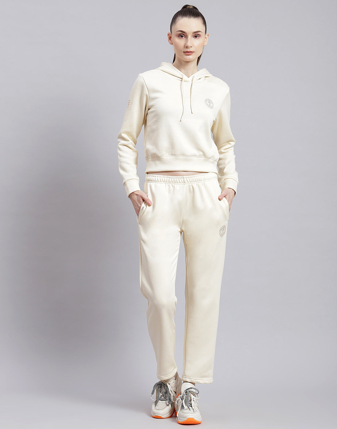 Rock.it Women Cream Solid Hooded Full Sleeve Cords Set