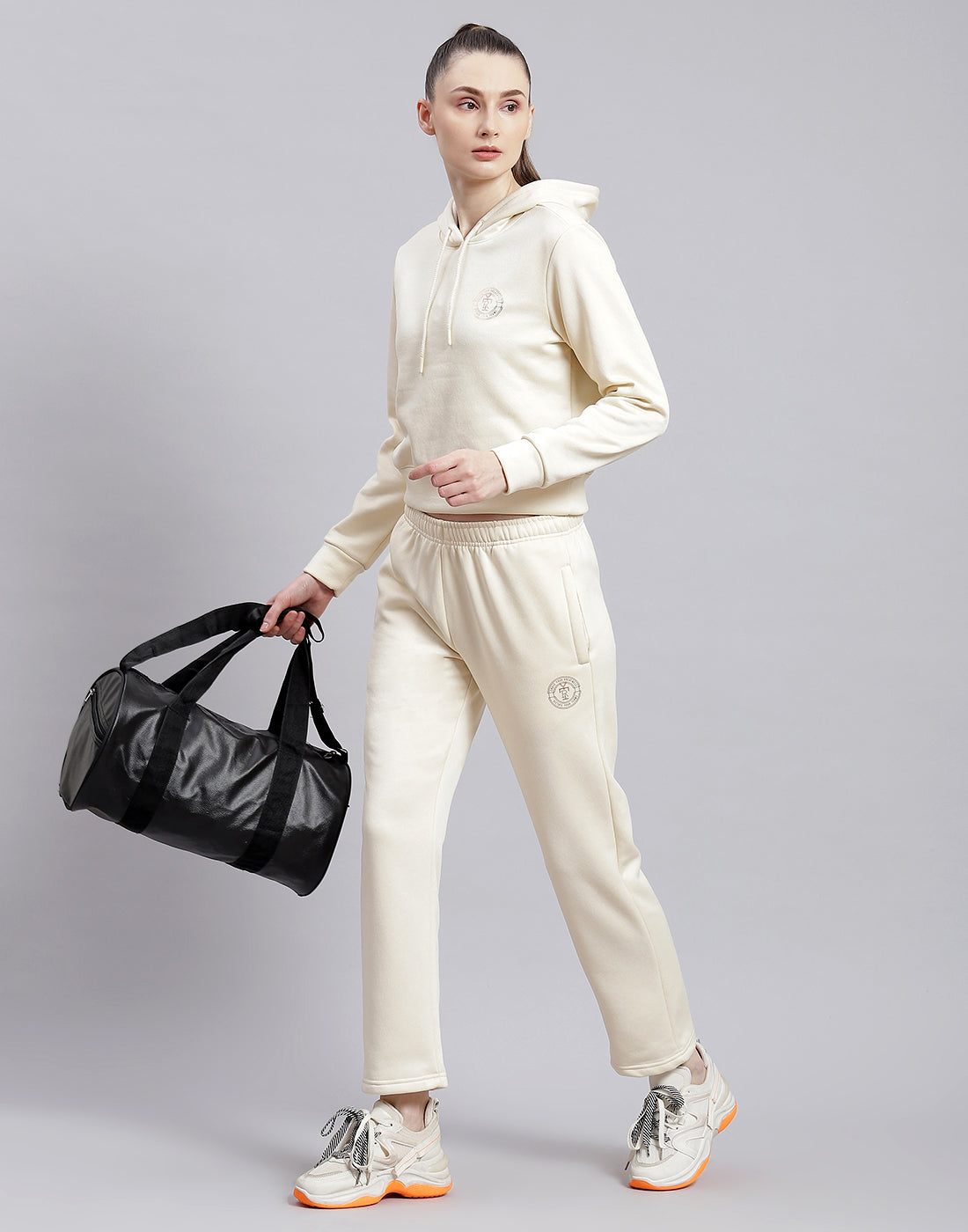 Rock.it Women Cream Solid Hooded Full Sleeve Cords Set