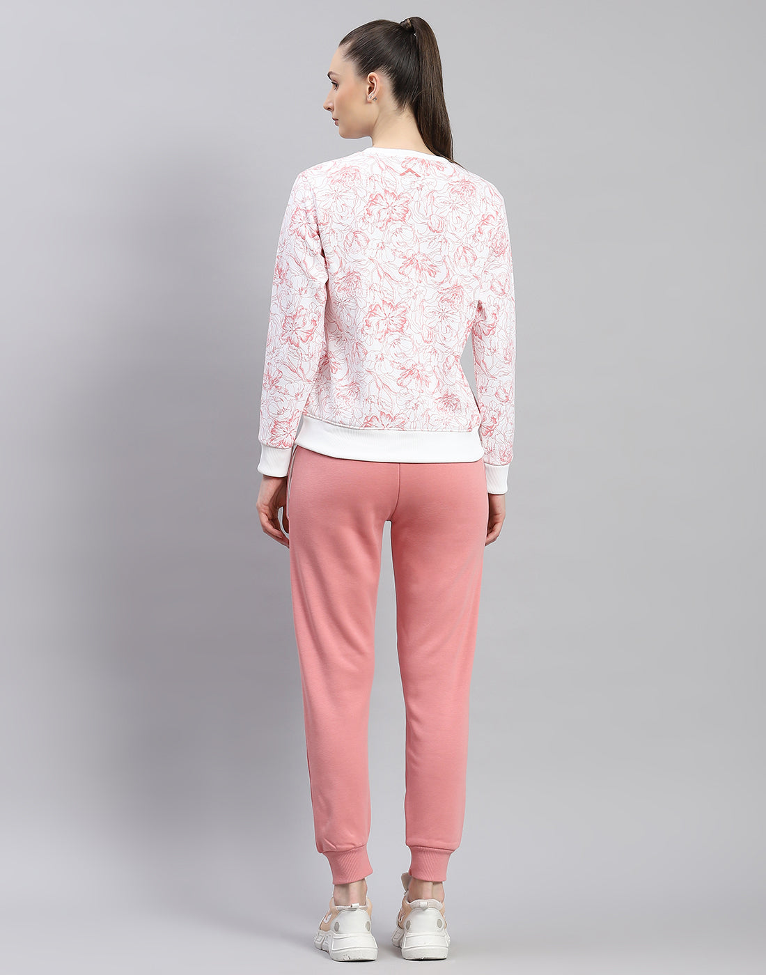 Women Pink Printed Round Neck Full Sleeve Tracksuit