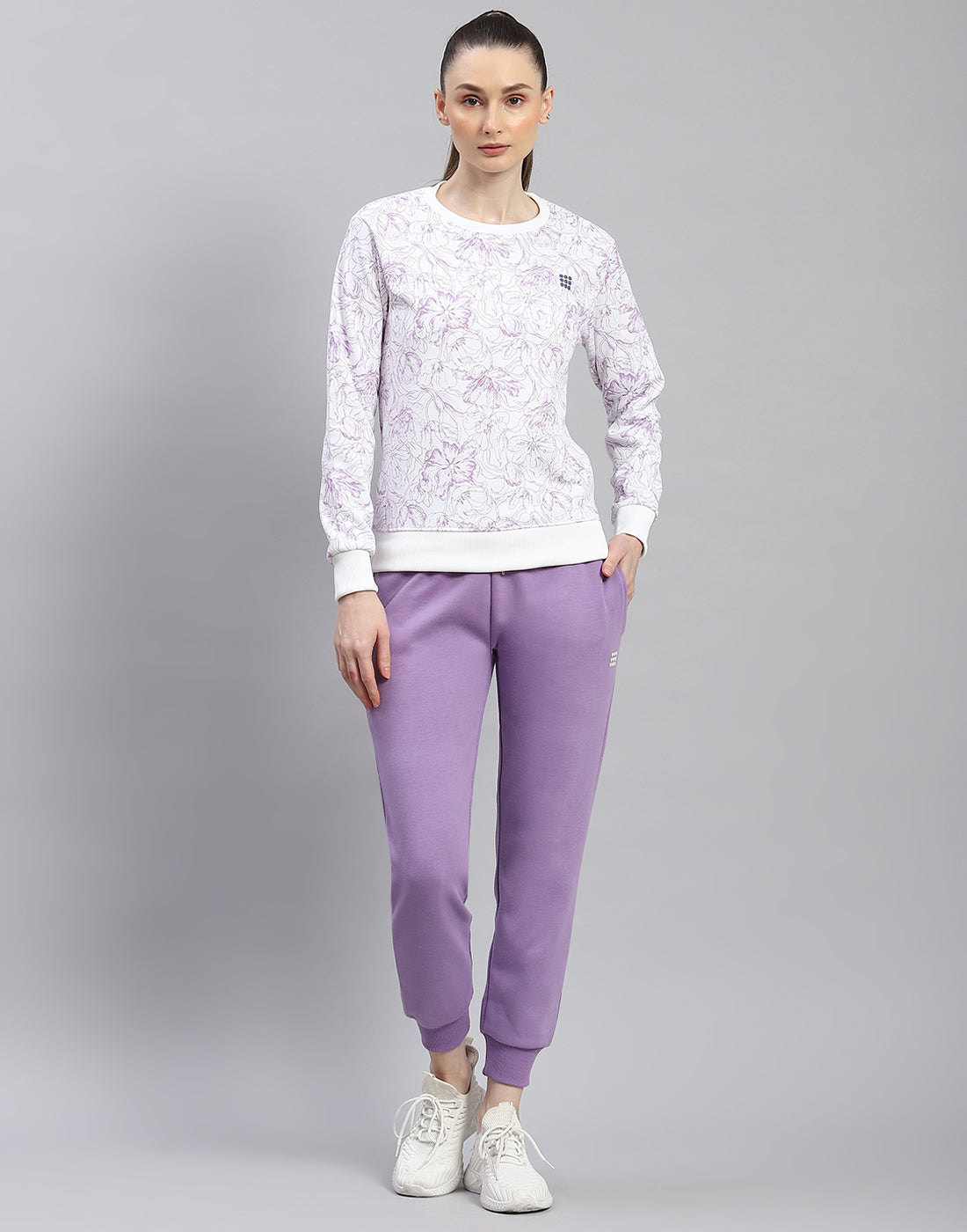 Women Purple Printed Round Neck Full Sleeve Tracksuit