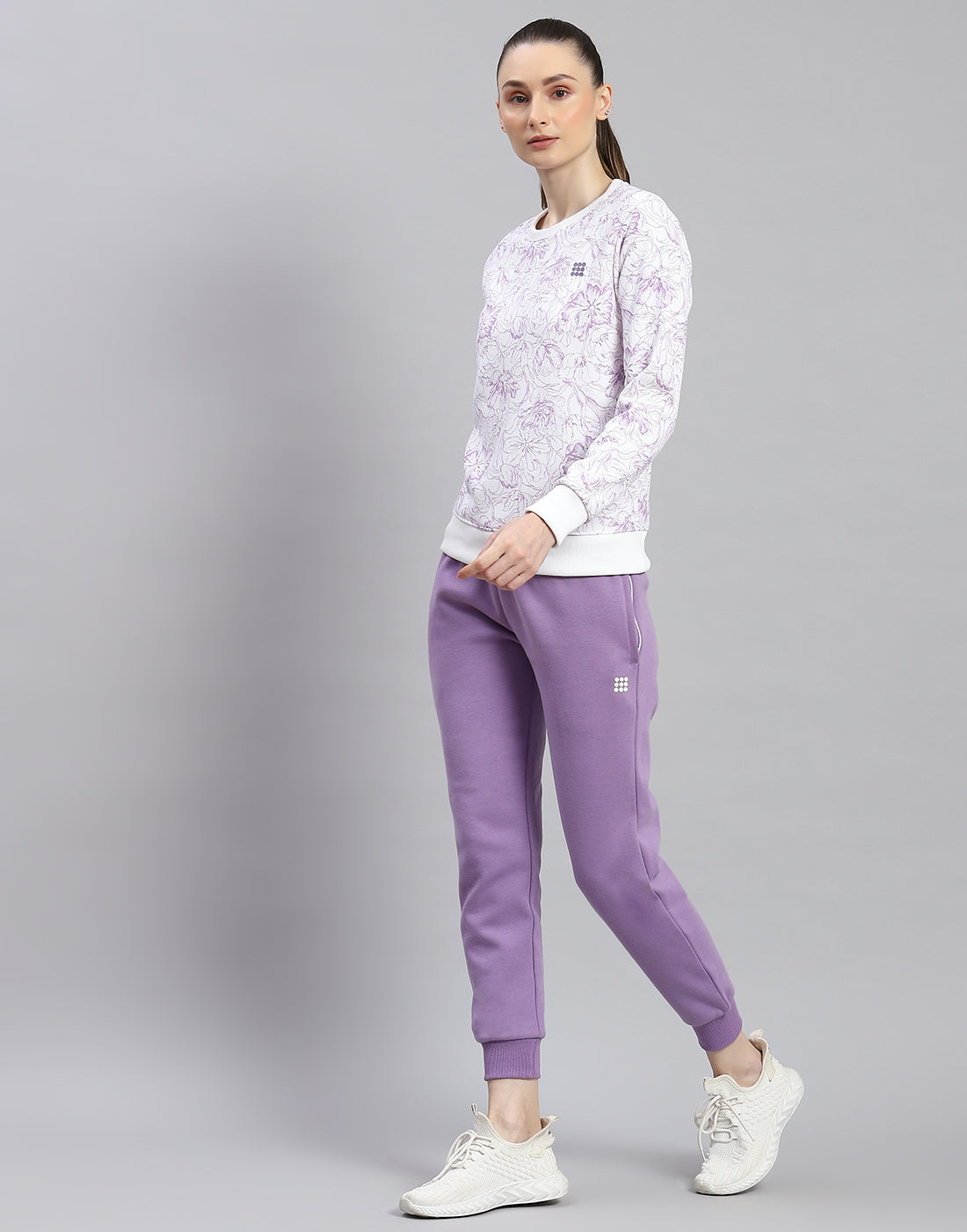 Women Purple Printed Round Neck Full Sleeve Tracksuit