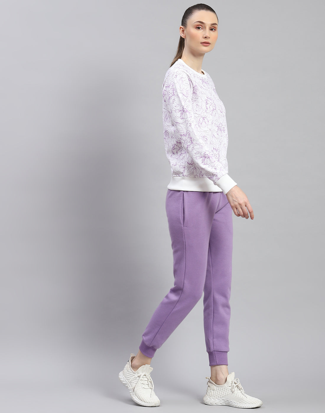 Women Purple Printed Round Neck Full Sleeve Tracksuit