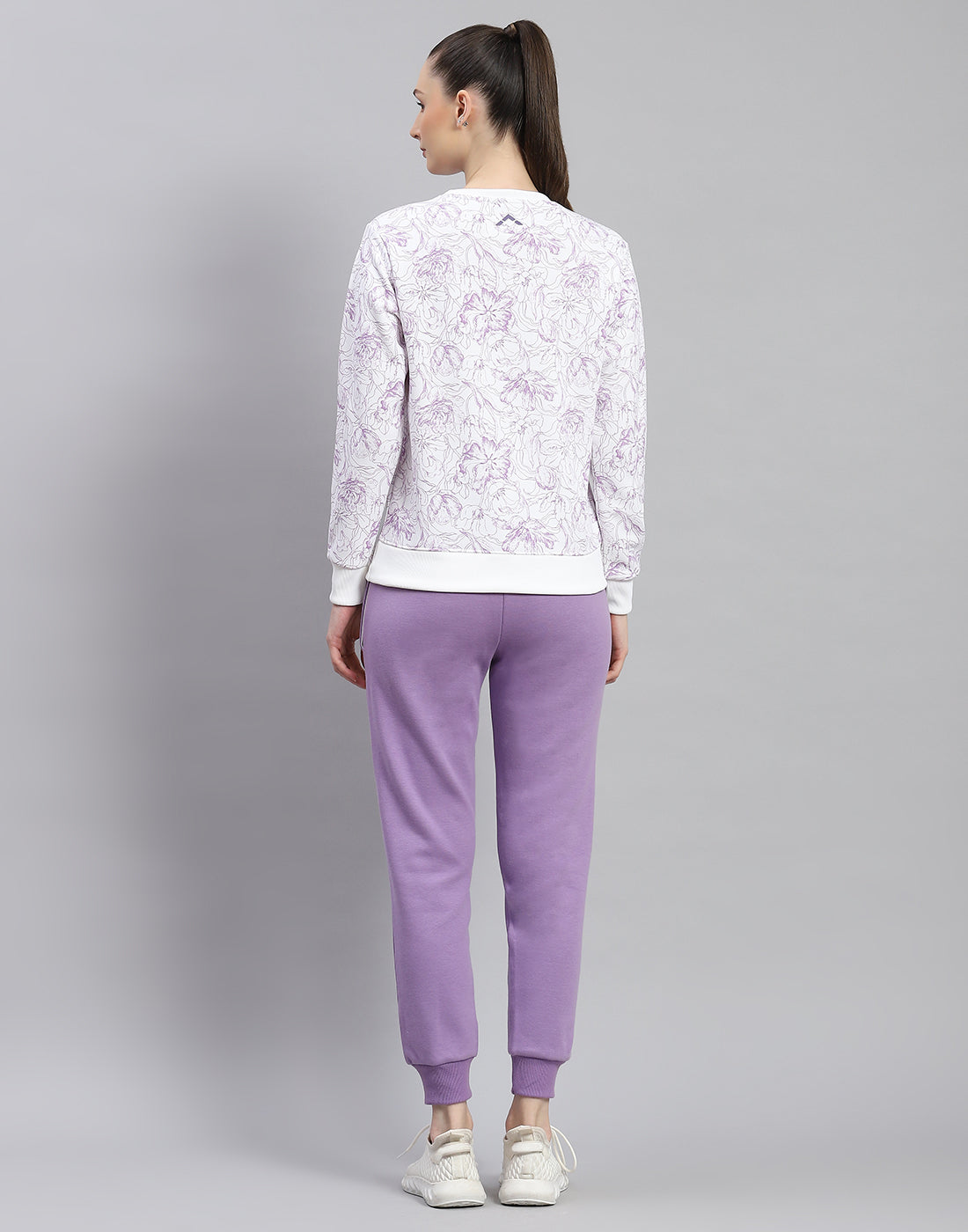 Women Purple Printed Round Neck Full Sleeve Tracksuit