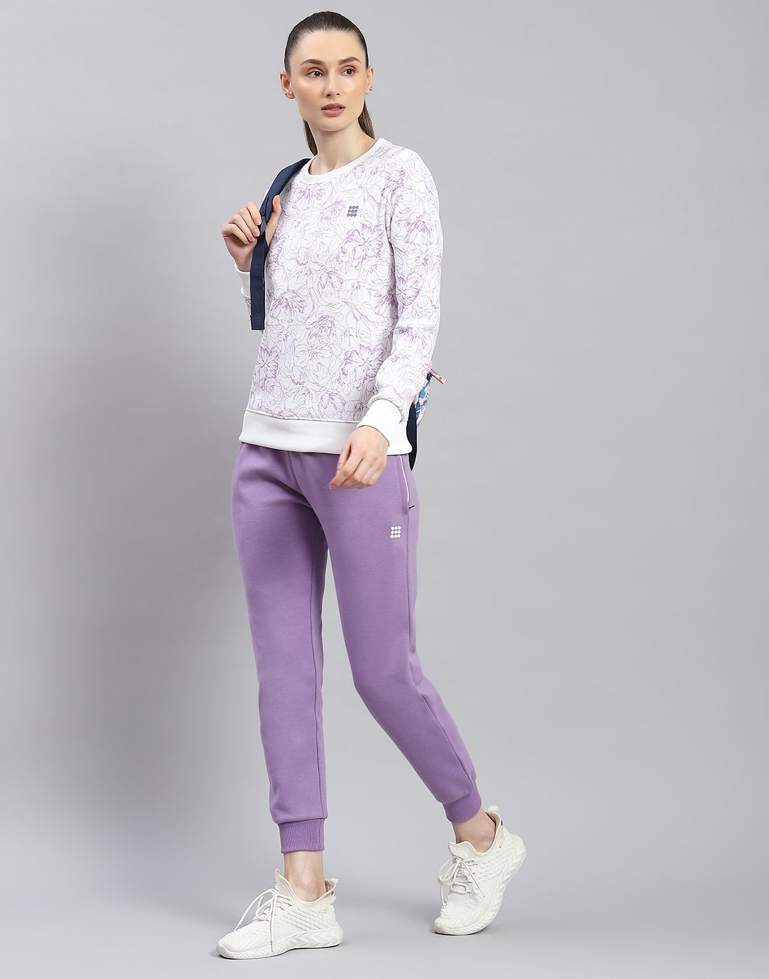 Women Purple Printed Round Neck Full Sleeve Tracksuit