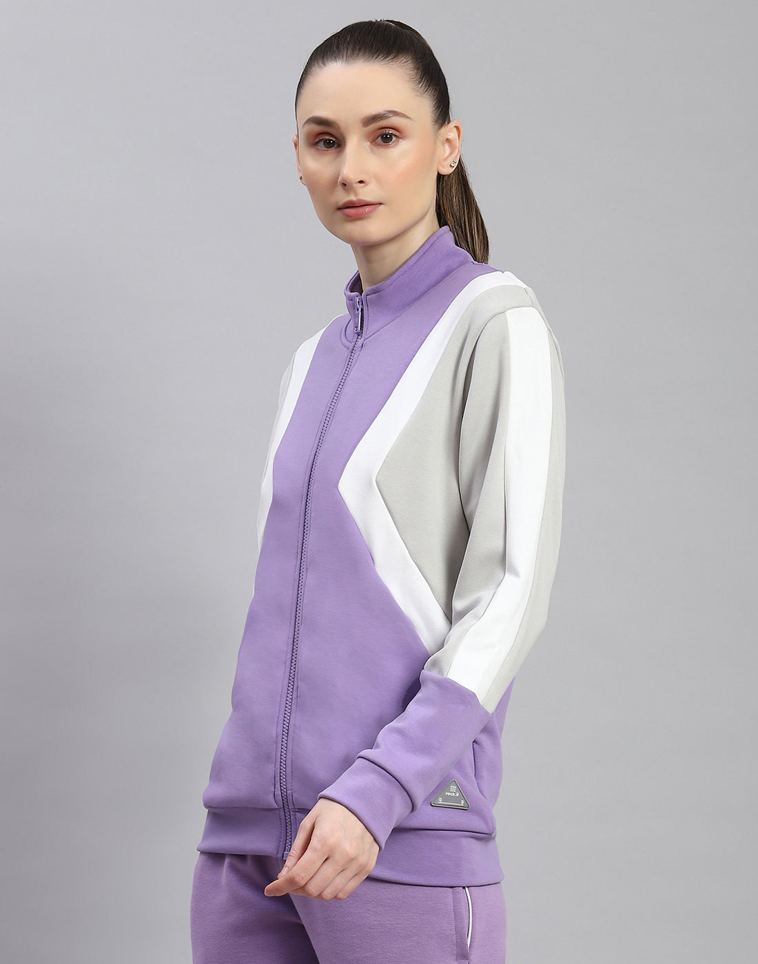 Women Purple Solid Stand Collar Full Sleeve Sweatshirt