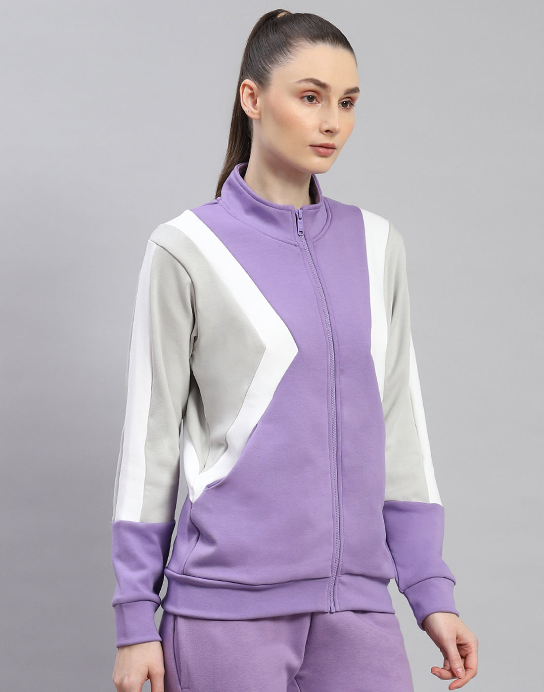 Women Purple Solid Stand Collar Full Sleeve Sweatshirt