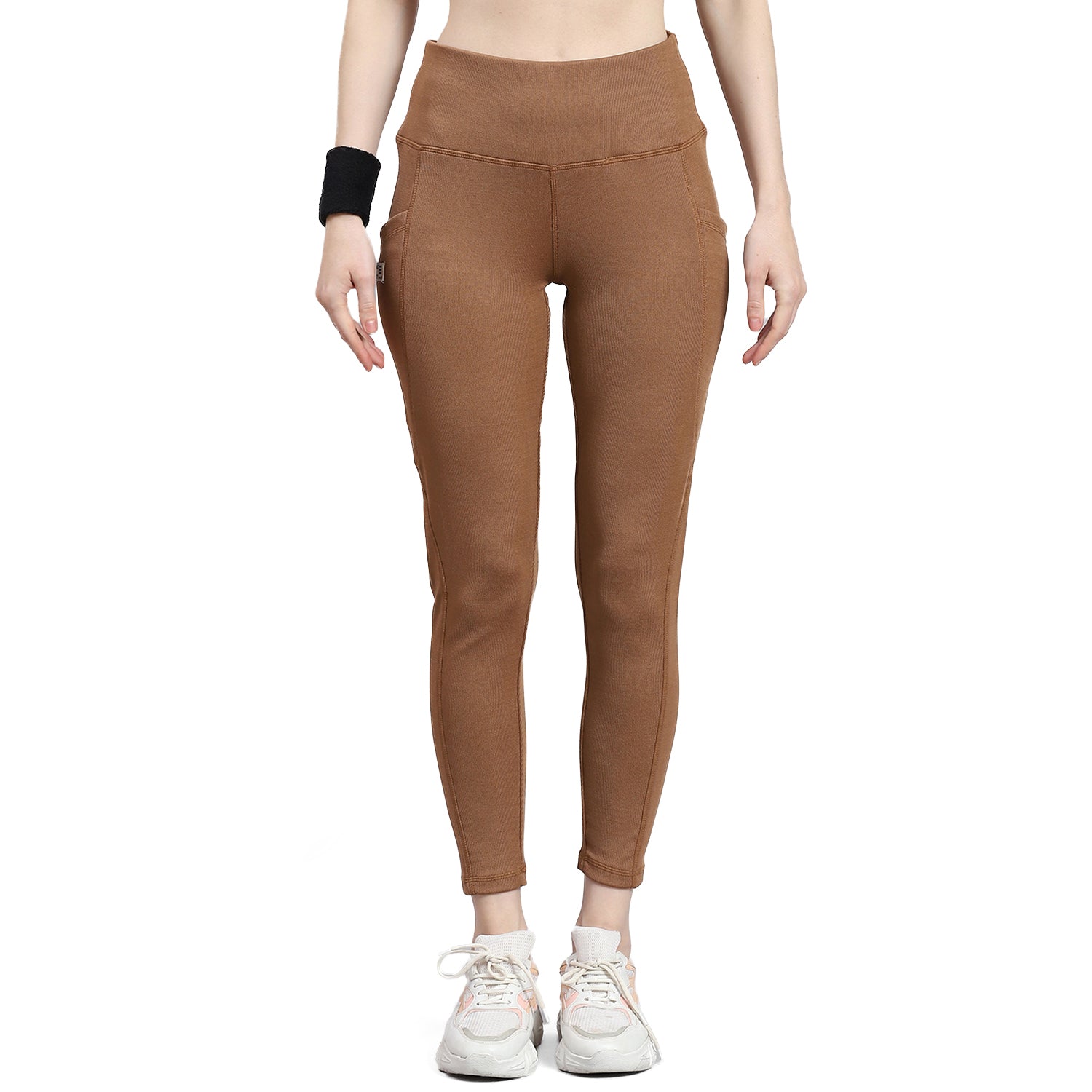 Women Camel Brown Solid Regular Fit Legging
