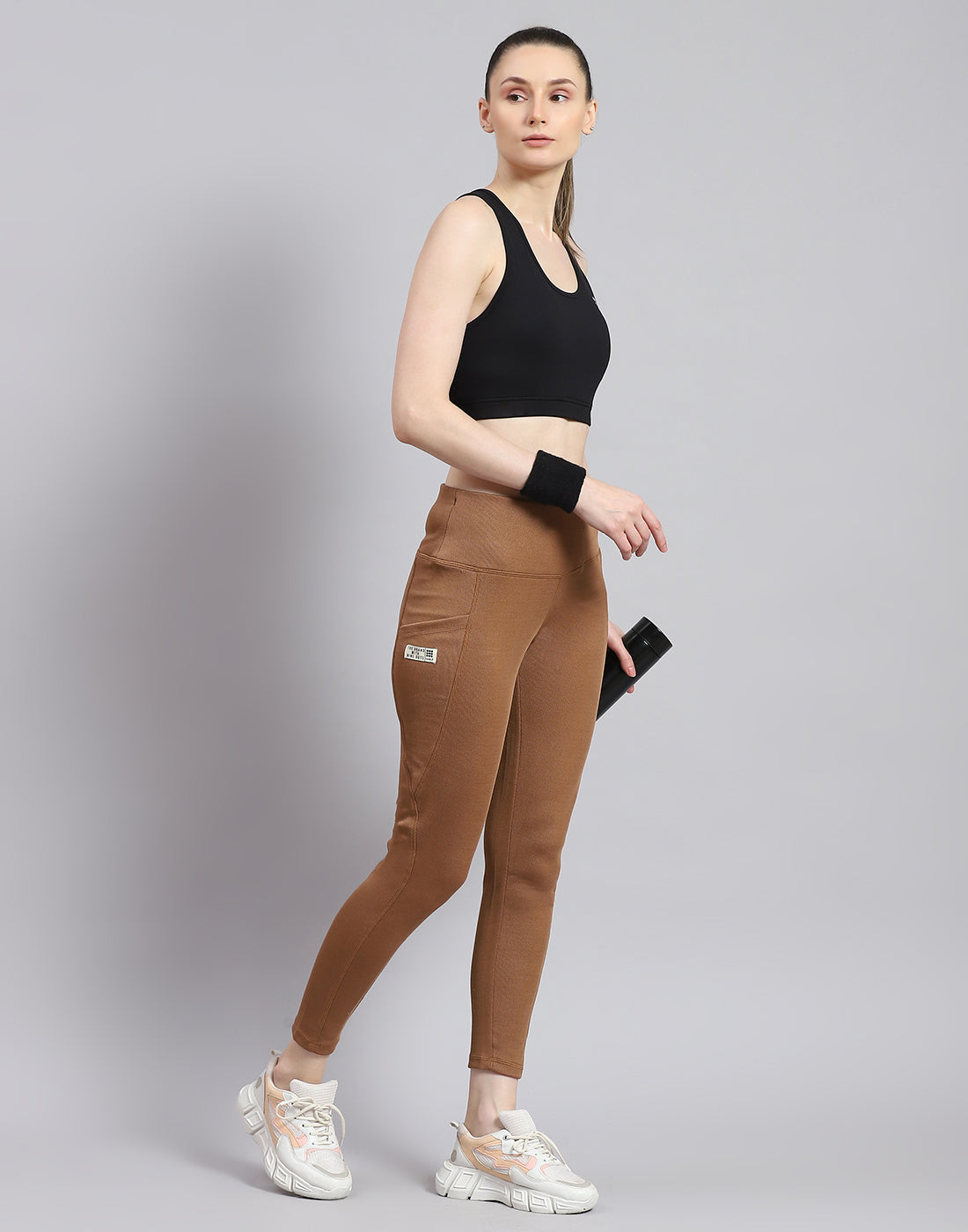 Women Camel Brown Solid Regular Fit Legging
