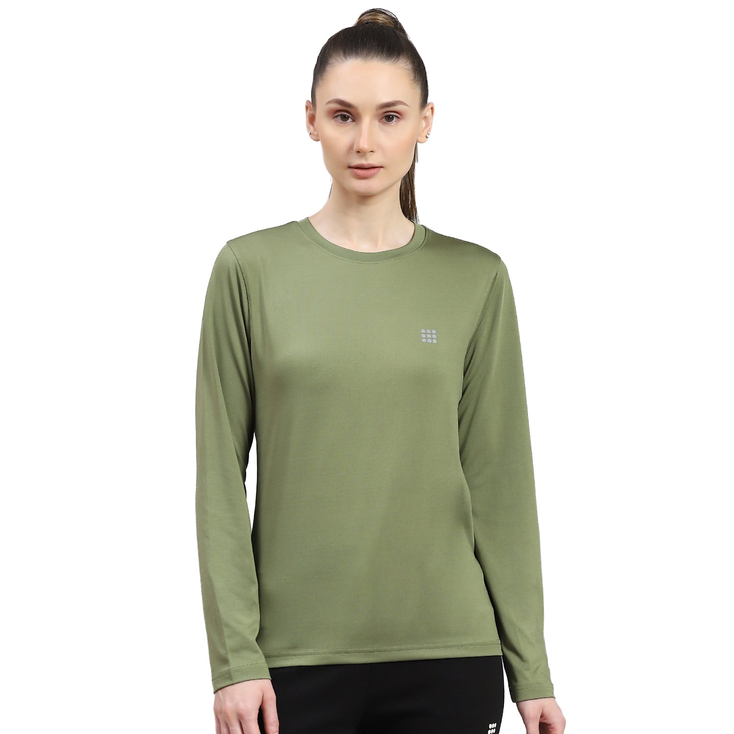 Women Olive Solid Round Neck Full Sleeve Top