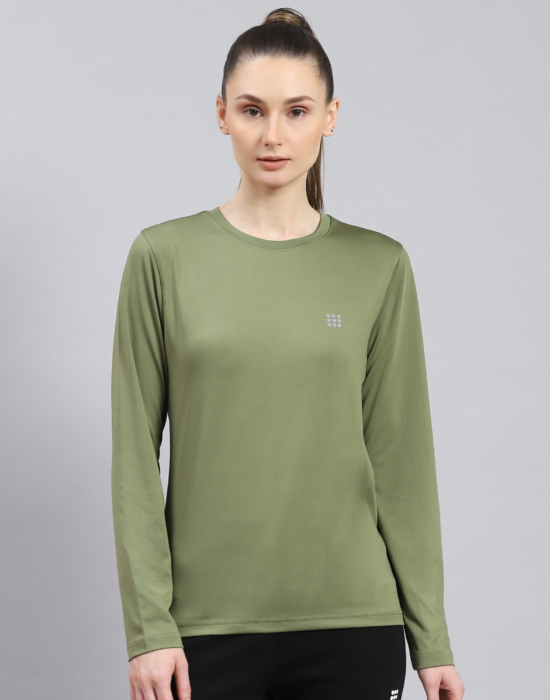 Women Olive Solid Round Neck Full Sleeve Top