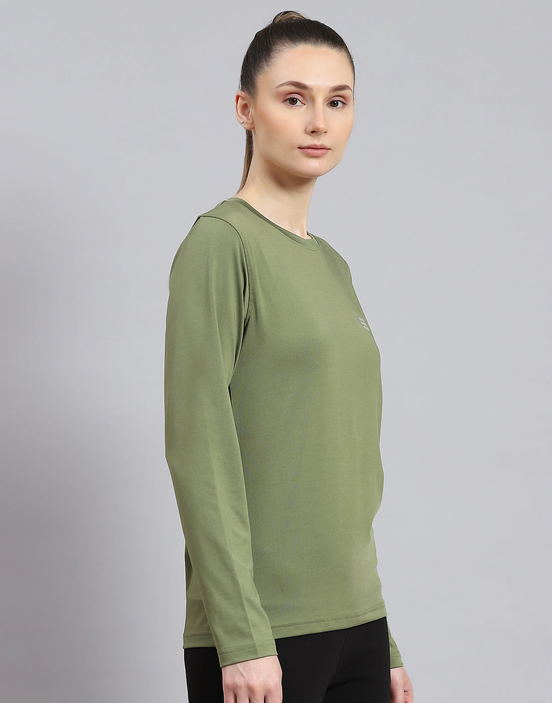Women Olive Solid Round Neck Full Sleeve Top