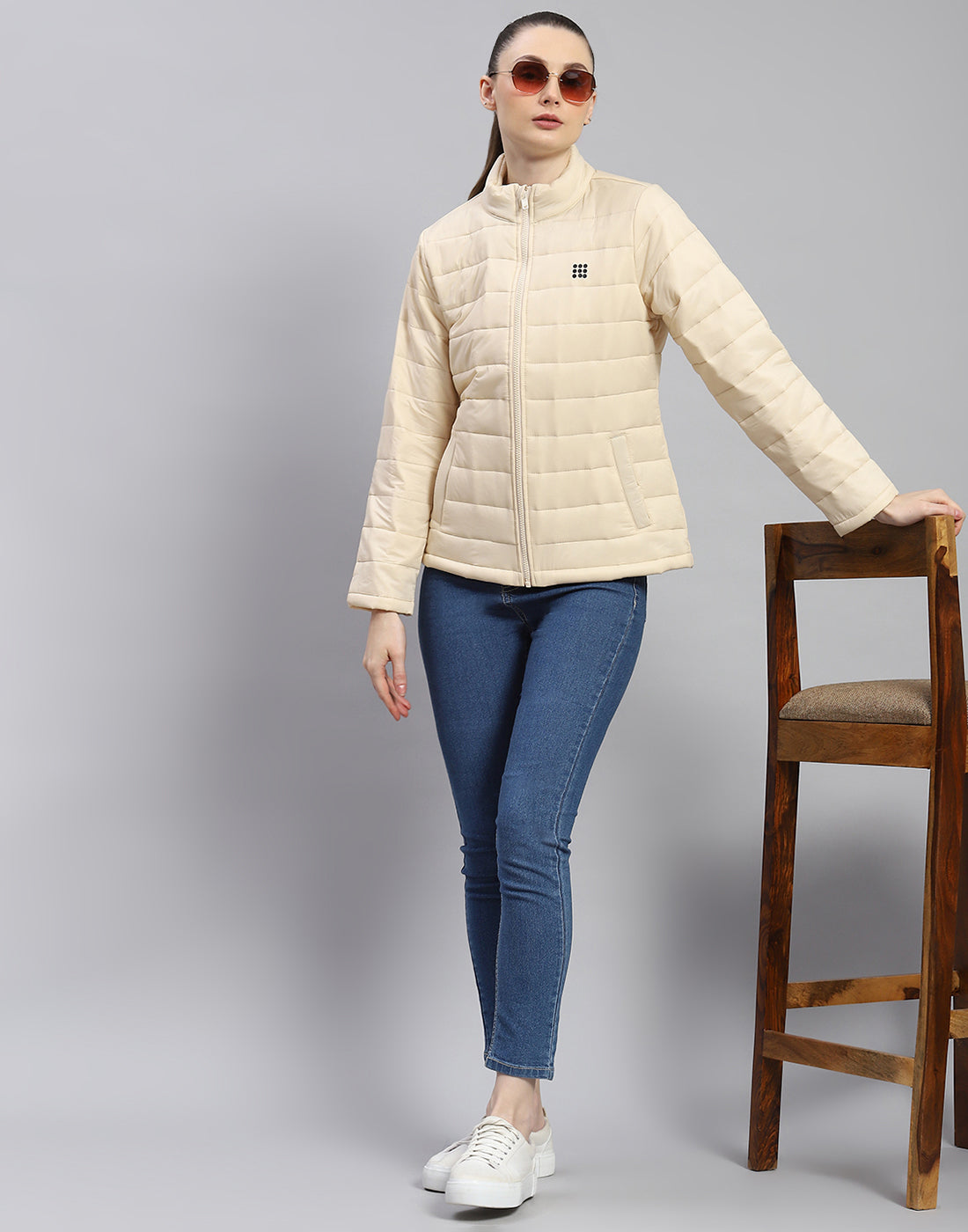Women Cream Solid Stand Collar Full Sleeve Jacket