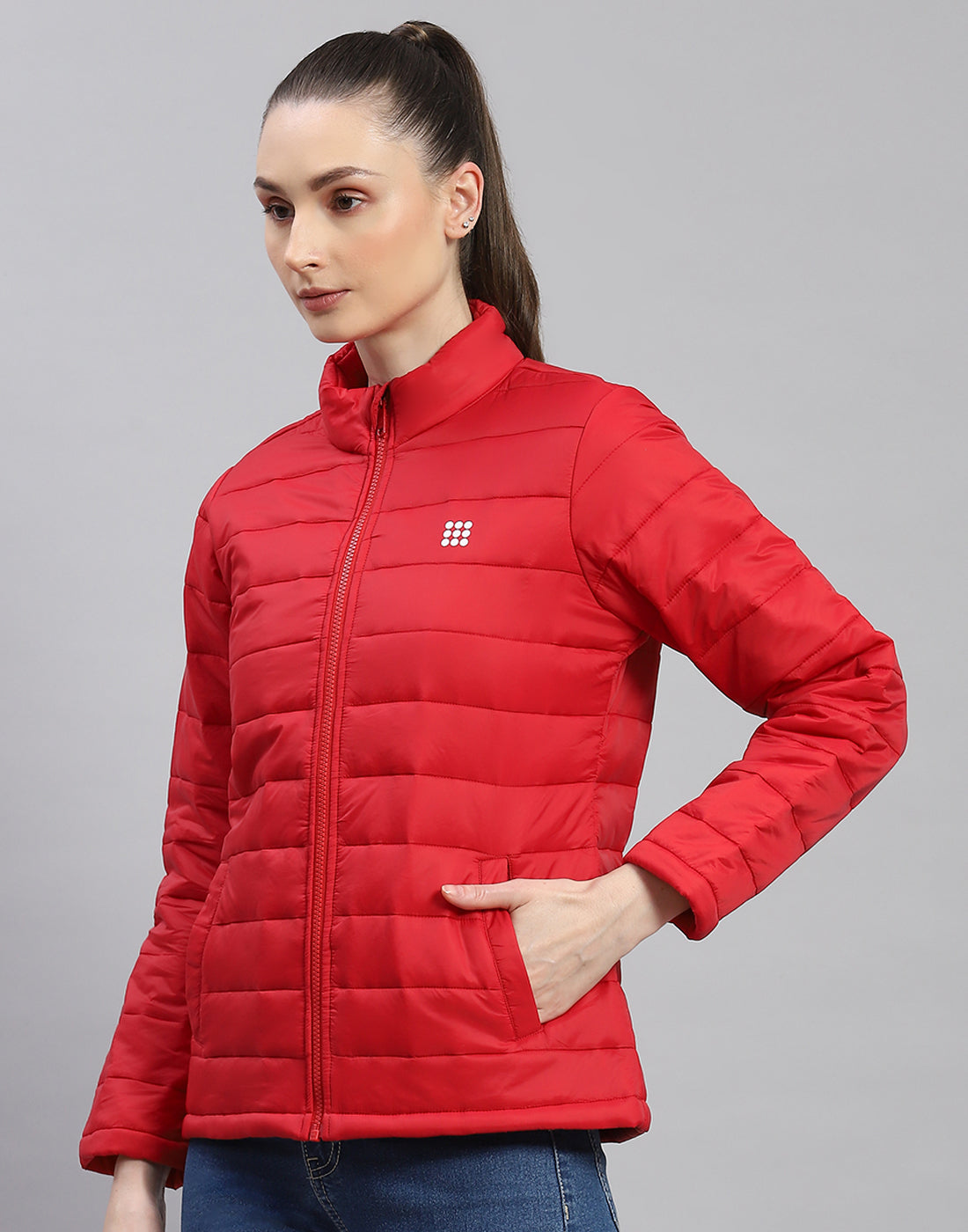 Women Red Solid Stand Collar Full Sleeve Jacket
