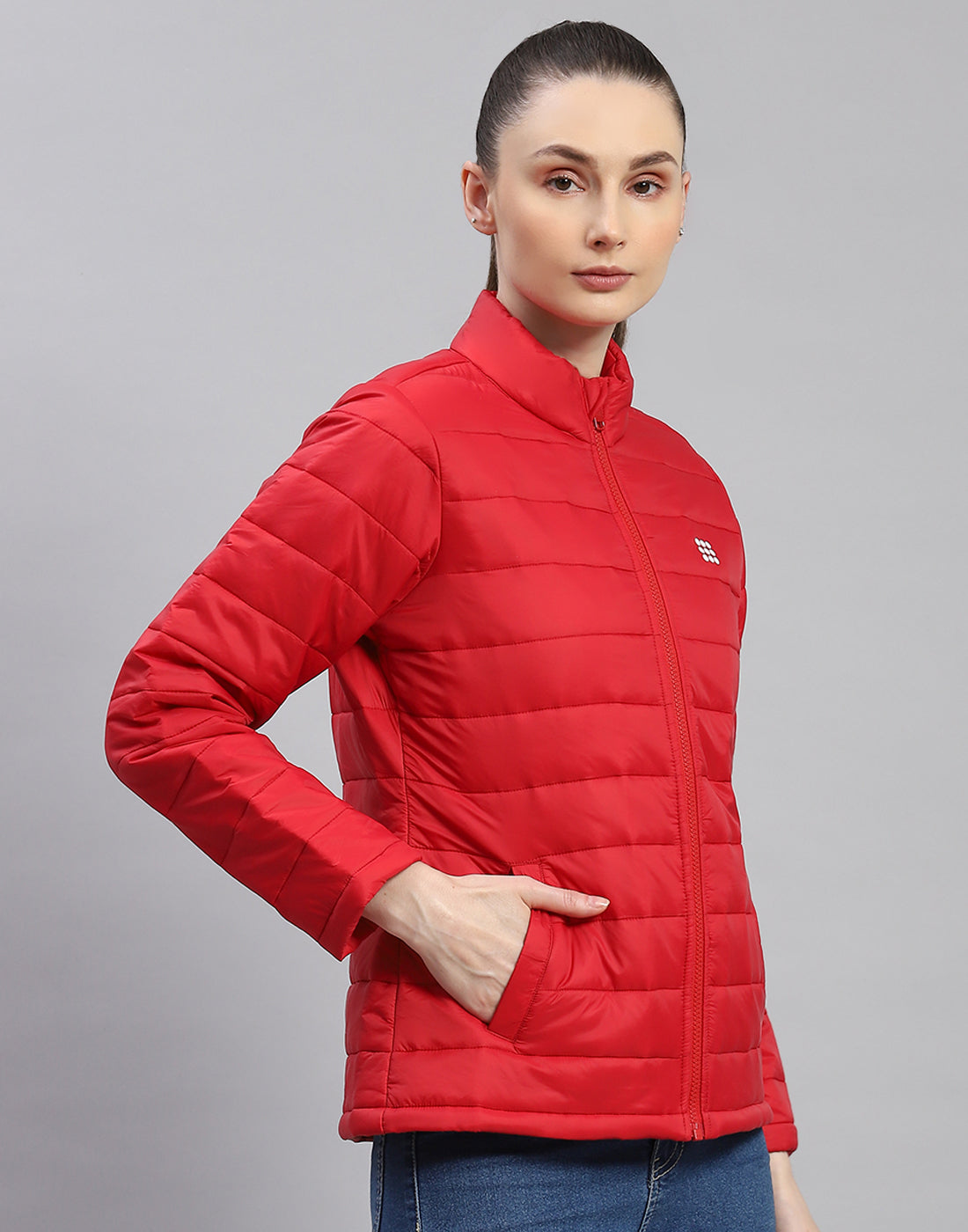 Women Red Solid Stand Collar Full Sleeve Jacket