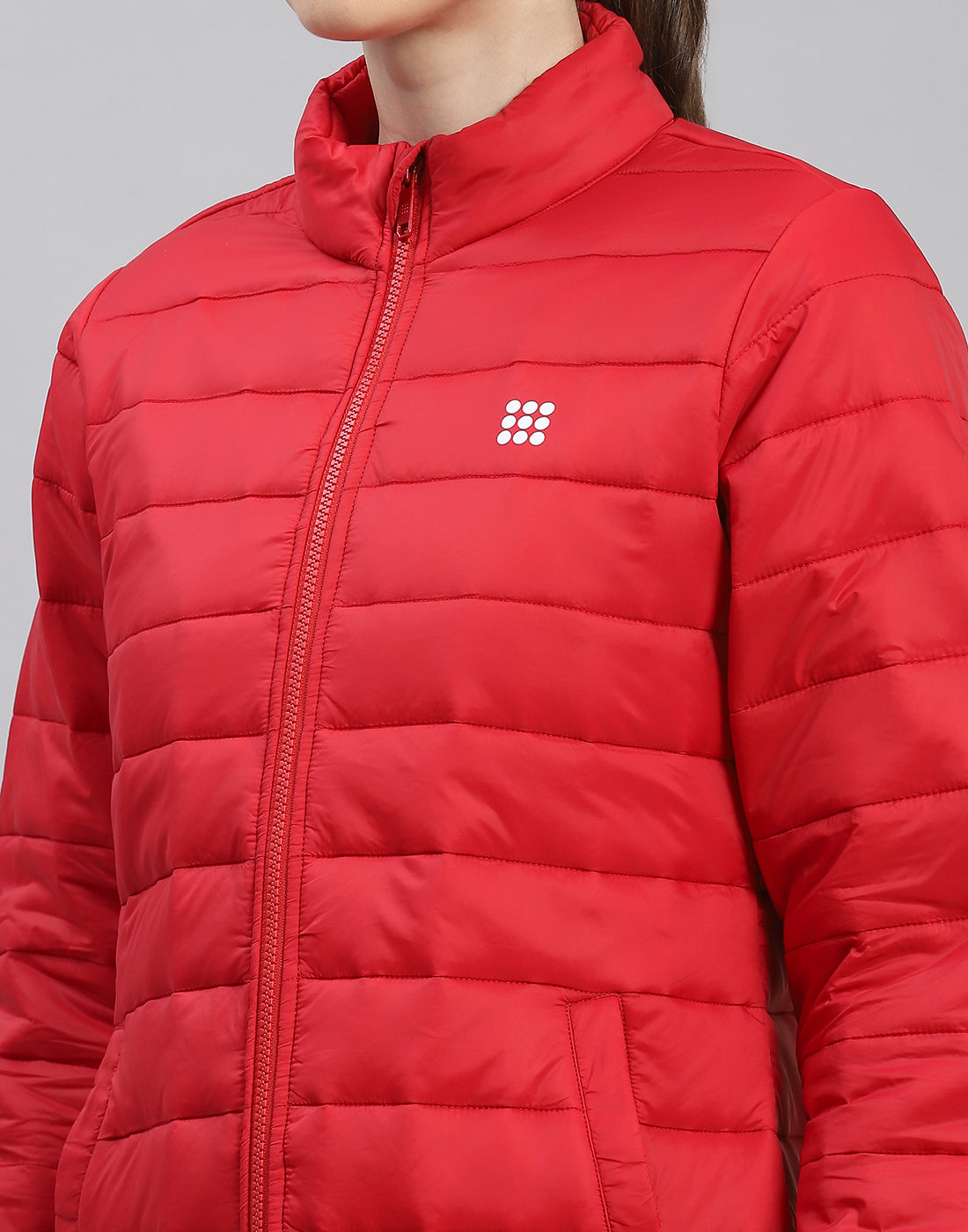 Women Red Solid Stand Collar Full Sleeve Jacket