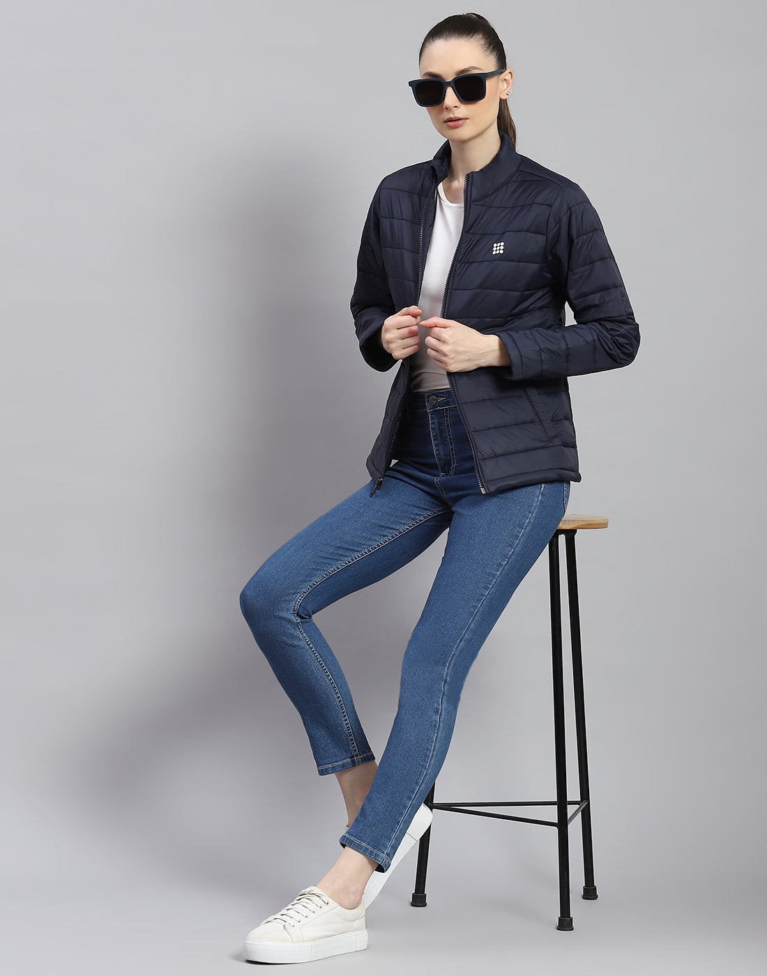 Women Navy Blue Solid Stand Collar Full Sleeve Jacket