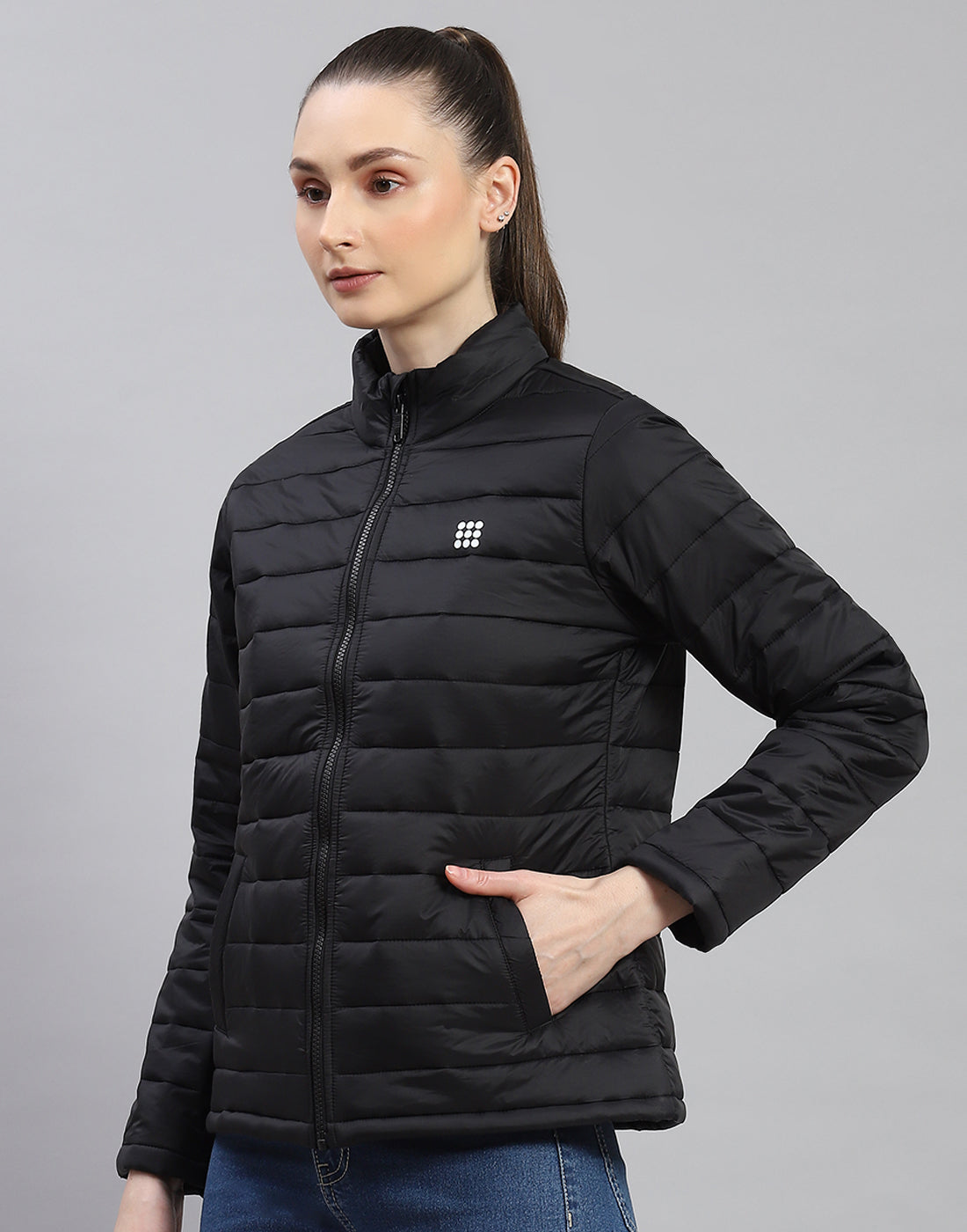 Women Black Solid Stand Collar Full Sleeve Jacket