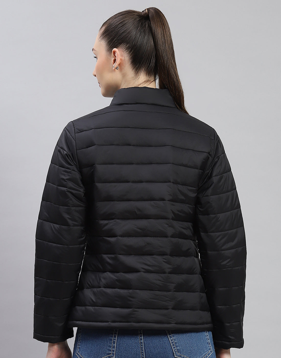 Women Black Solid Stand Collar Full Sleeve Jacket