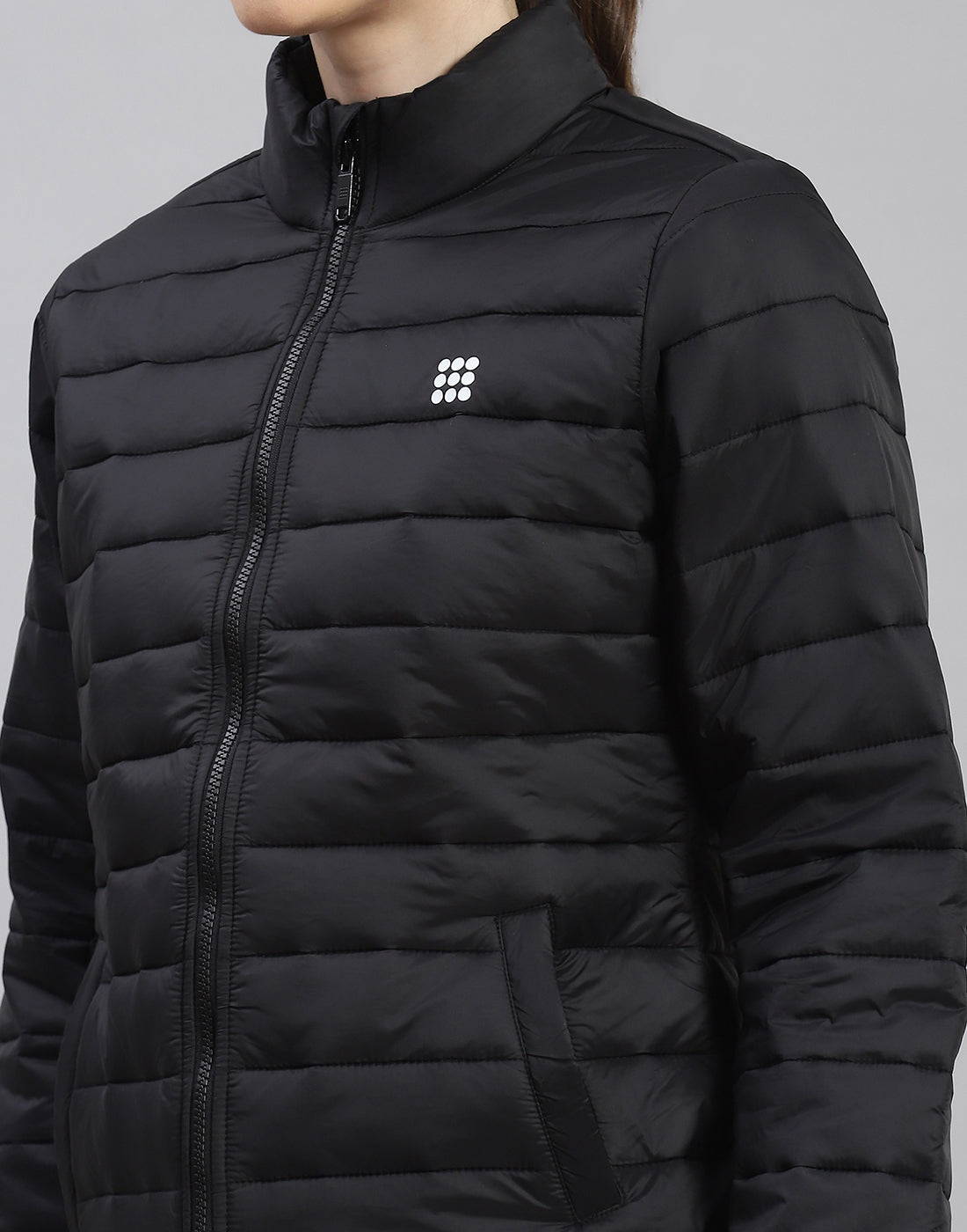 Women Black Solid Stand Collar Full Sleeve Jacket
