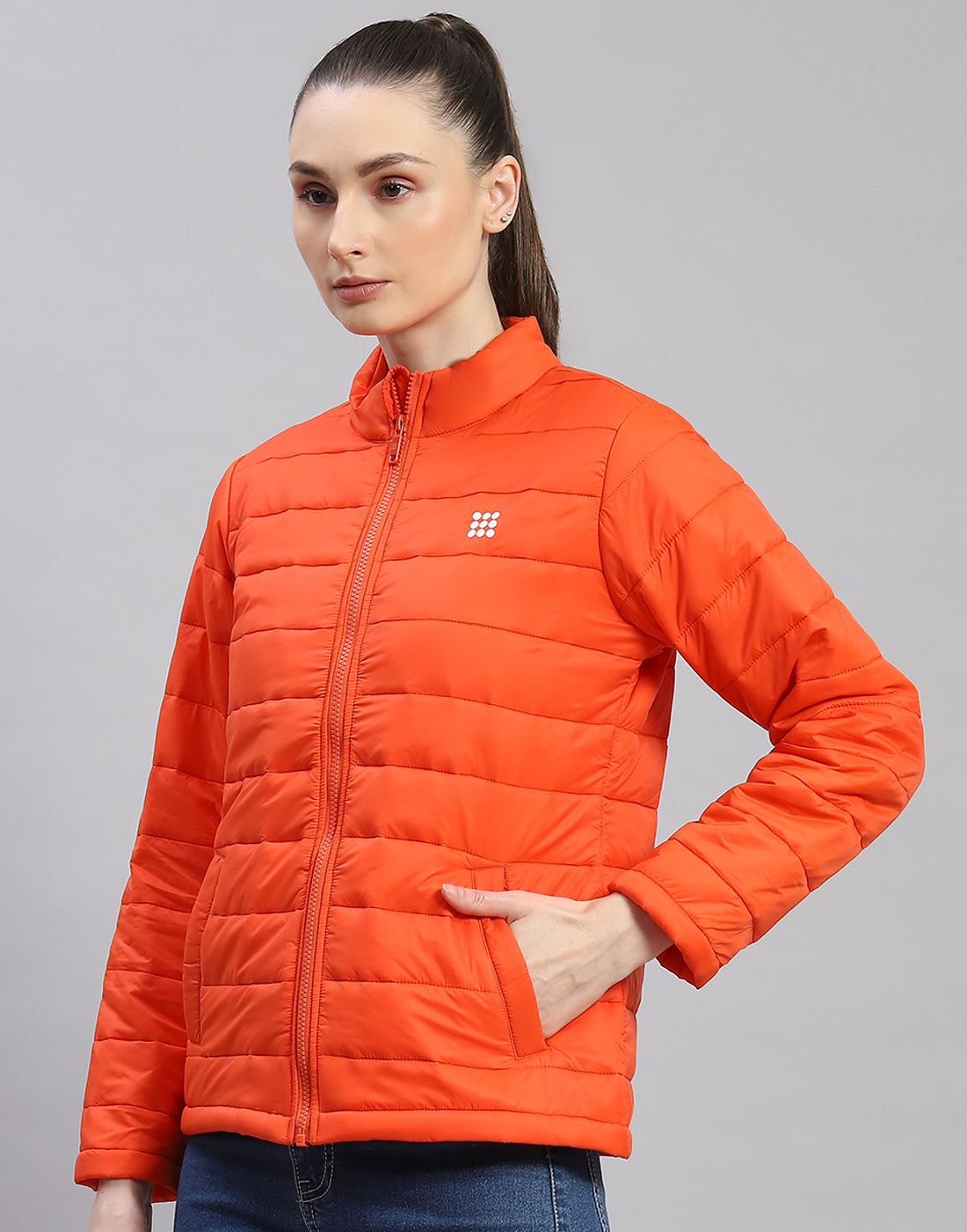 Women Orange Solid Stand Collar Full Sleeve Jacket
