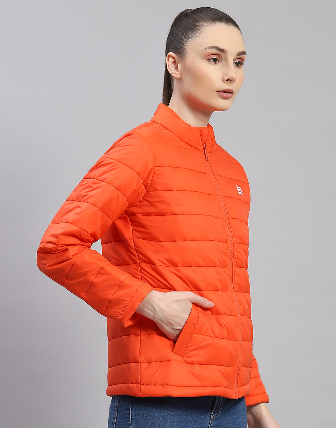 Women Orange Solid Stand Collar Full Sleeve Jacket