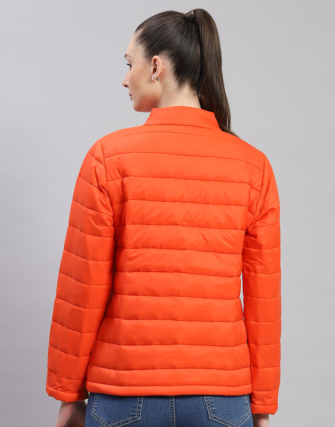 Women Orange Solid Stand Collar Full Sleeve Jacket